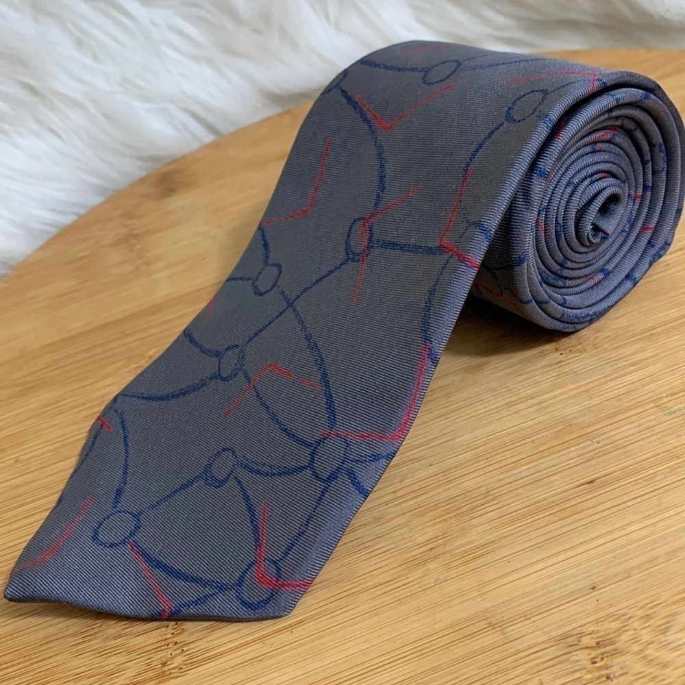 Givenchy Monsieur Vintage 100% Silk From Italy Gray Red Blue Graphic Print Tie